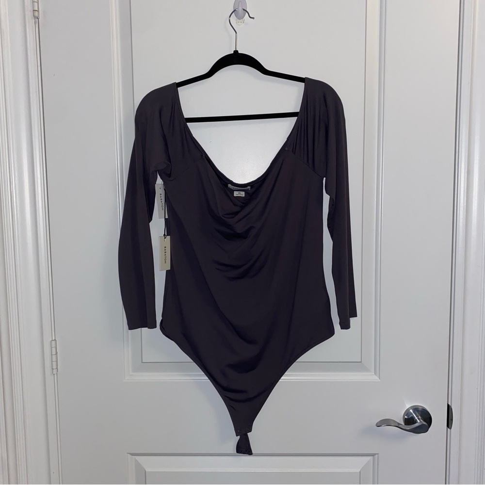 Babaton Long Sleeve Draped Bodysuit in Dark Brown